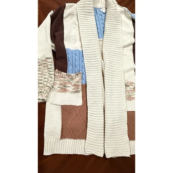 POL Patchwork Women's Cardigan Sweater Sz‎ large Boho Colorblock Long Open Front - Picture 4 of 14
